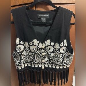 Andrea Jovine Black V-Neck Embroidered Fringe Vest. 100% Wool.
